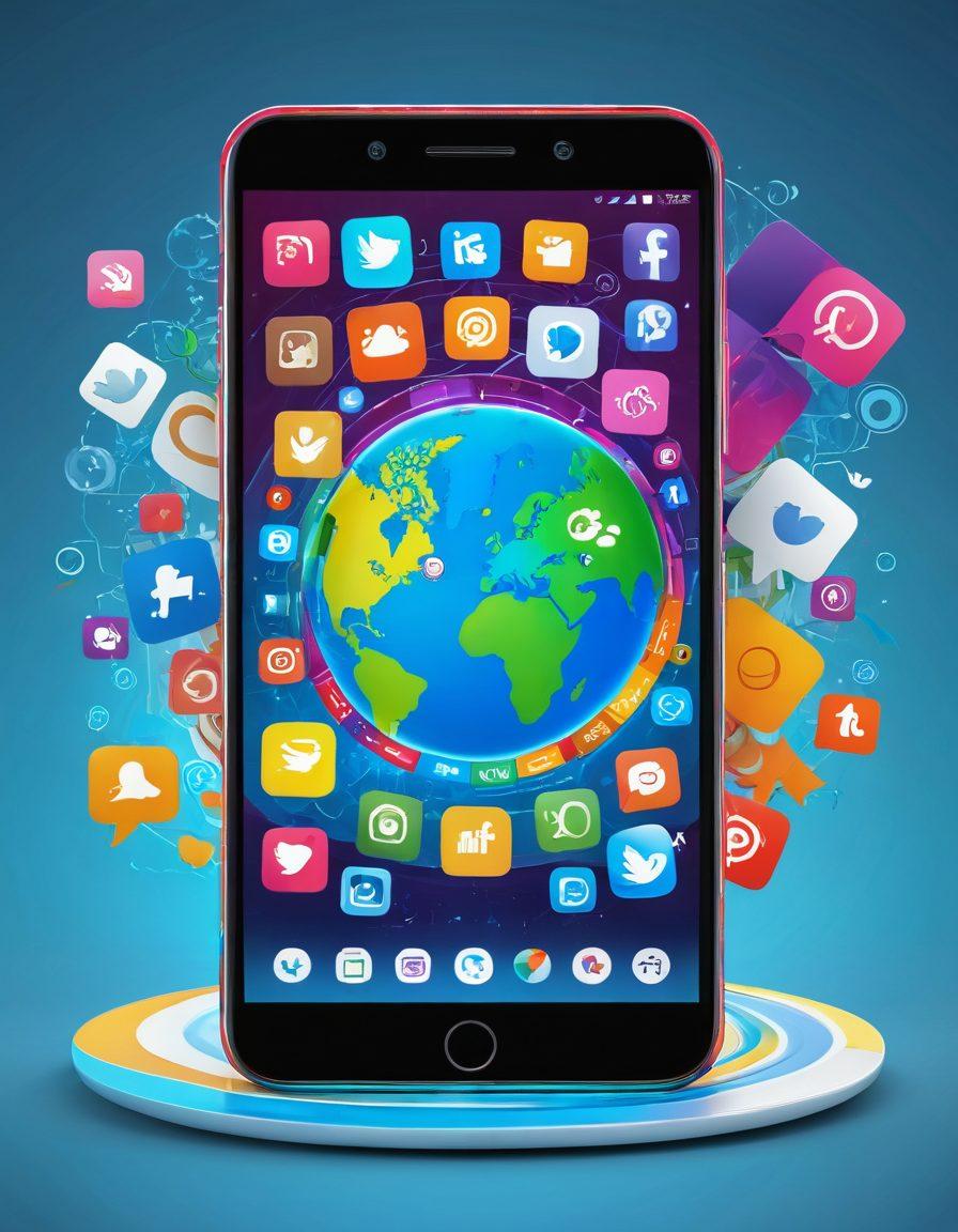 A sleek smartphone displaying a dynamic digital diary interface, surrounded by vibrant social media icons and swirling colorful graphics representing creativity and connectivity. In the background, a world map symbolizing global interaction and community. The overall feel is modern, energetic, and inviting for digital storytellers. super-realistic. vibrant colors. 3D.