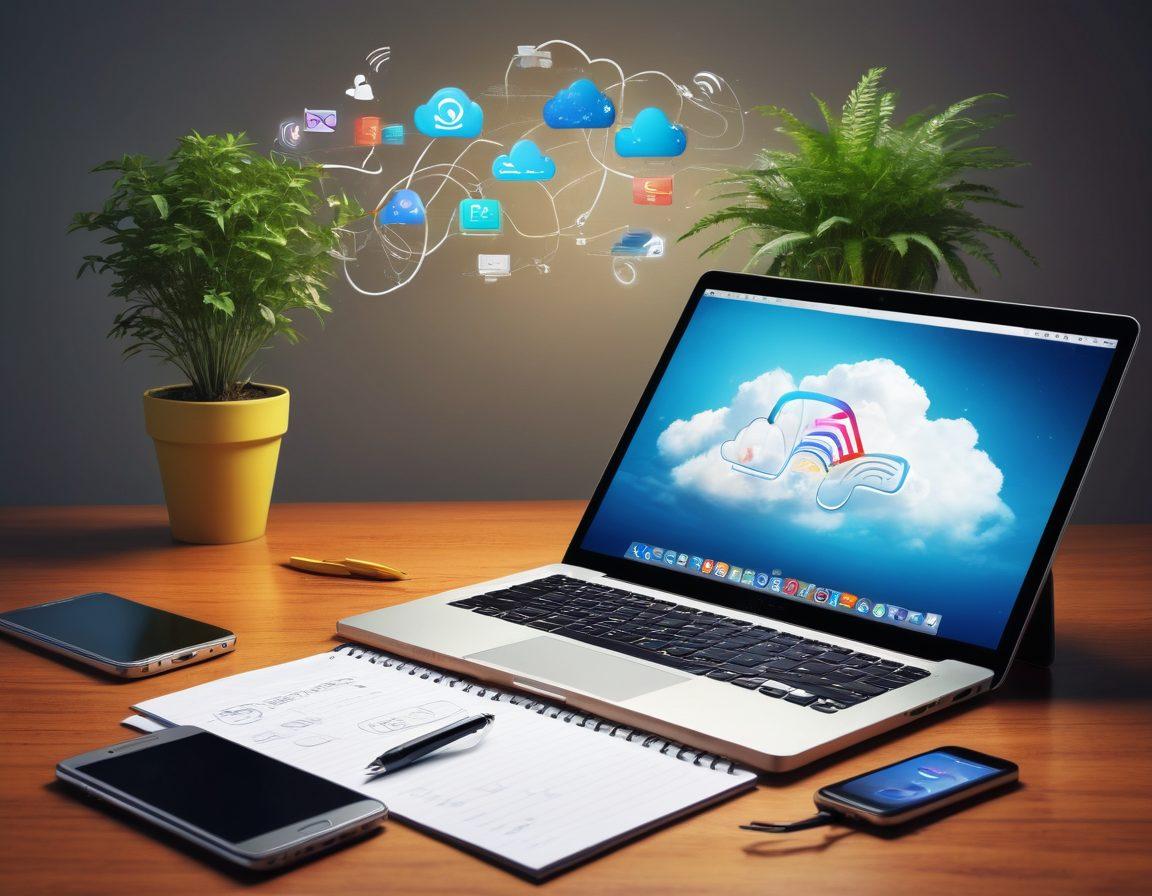 A creative workspace featuring a smartphone, laptop, and notepad, surrounded by vibrant, flowing lines representing mobile connectivity. Include engaging icons like clouds, wifi signals, and social media symbols floating around to symbolize digital life. The setting should be bright and inviting, with plants and inspirational quotes in the background. Capture a sense of seamless integration of technology and creativity. super-realistic. vibrant colors. 3D.